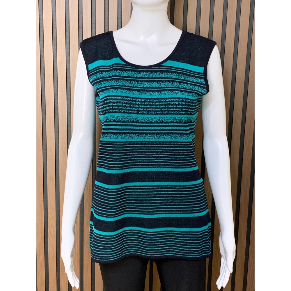 Ming Wang Teal Black Striped Sleeveless Knit Shell Top Scoop Neck Small